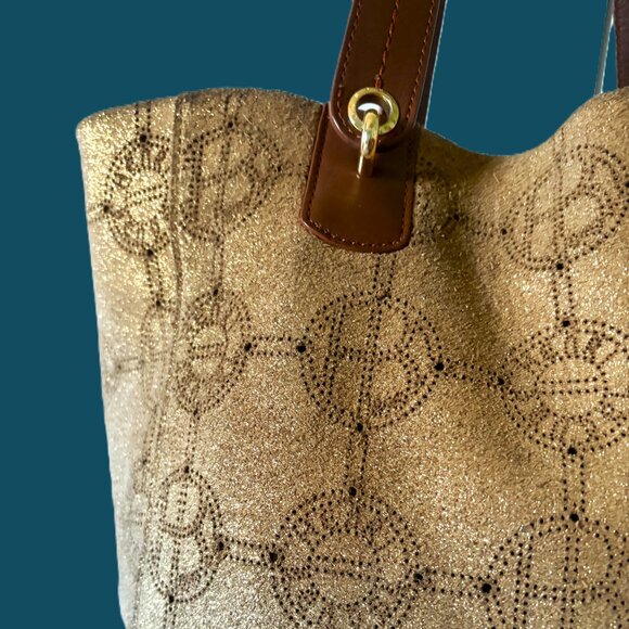 Henri Bendel Large Metallic Pierced Suede Shoulder Bag Carmel Leather EUC - Picture 8 of 12